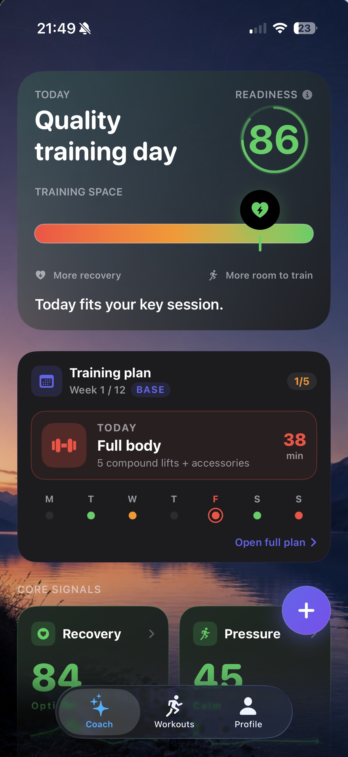 Workout Lens Coach tab with readiness score and training plan