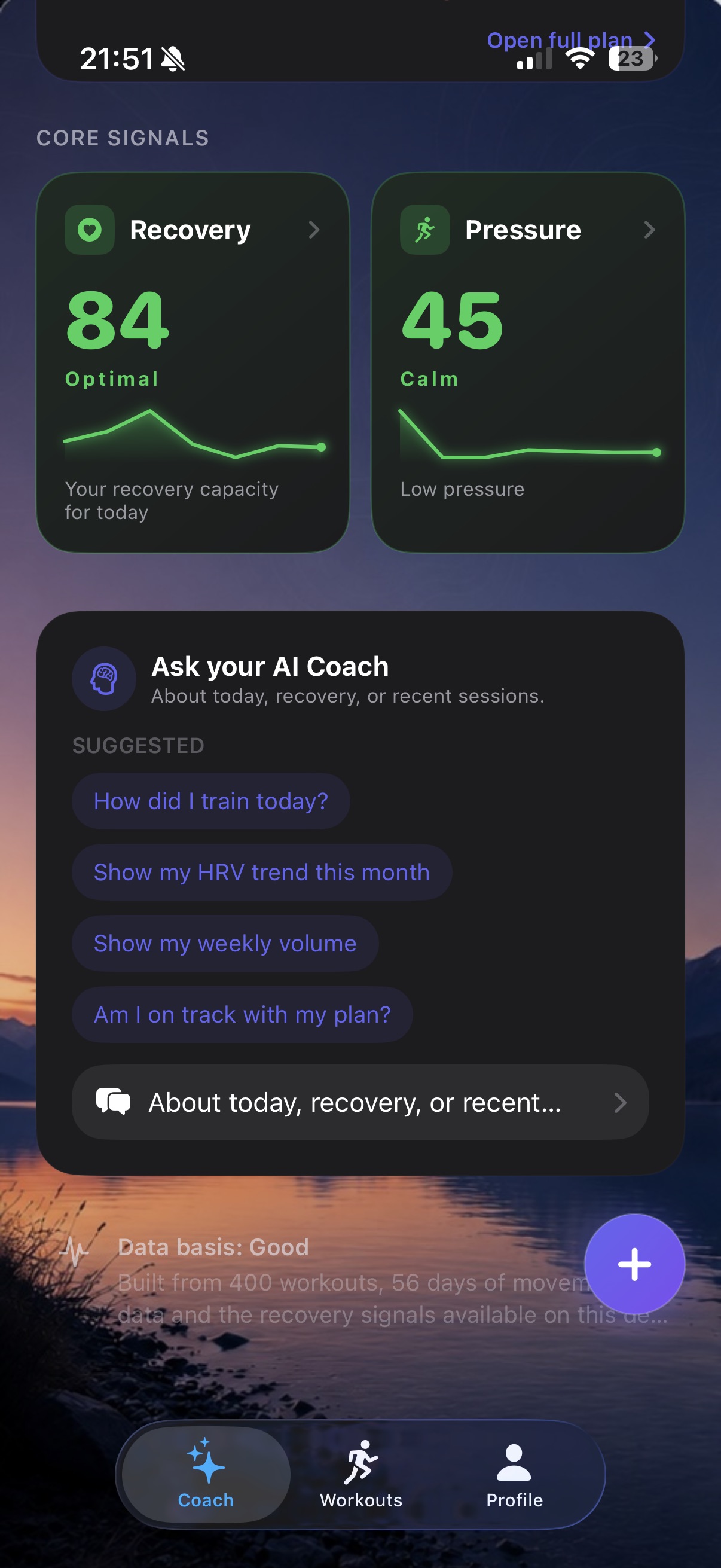 Daily readiness pillars showing Recovery and Pressure tiles with sparklines
