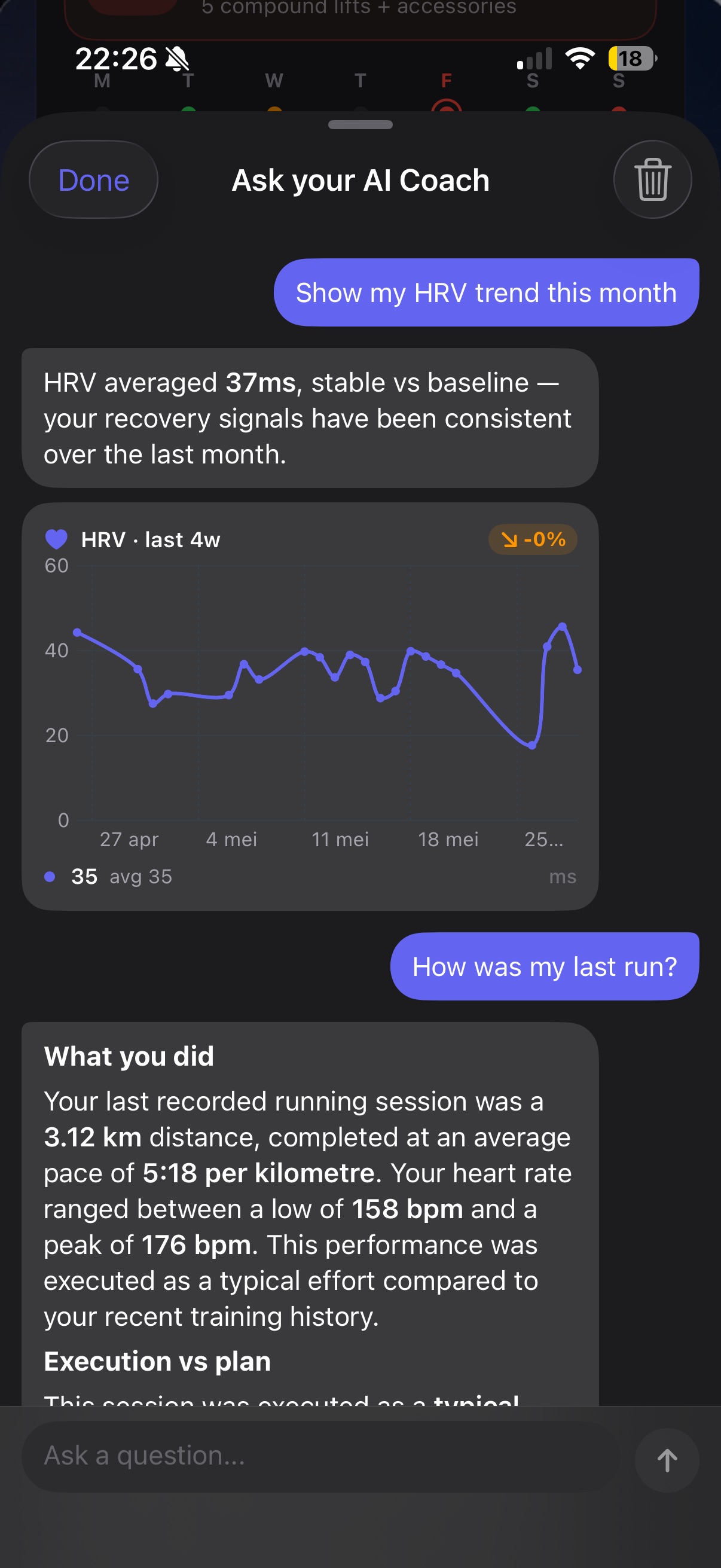 AI Coach chat sheet with a question and on-device answer